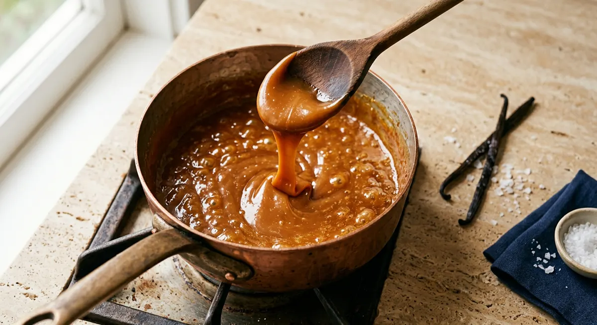 A wooden spoon lifting thick dulce de leche from a copper pan