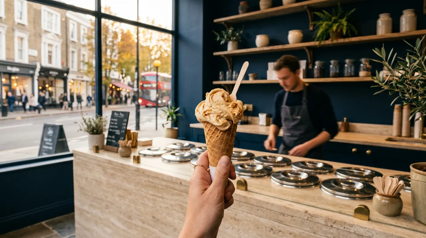 A dulce de leche gelato cone held up inside a navy and travertine London gelato shop